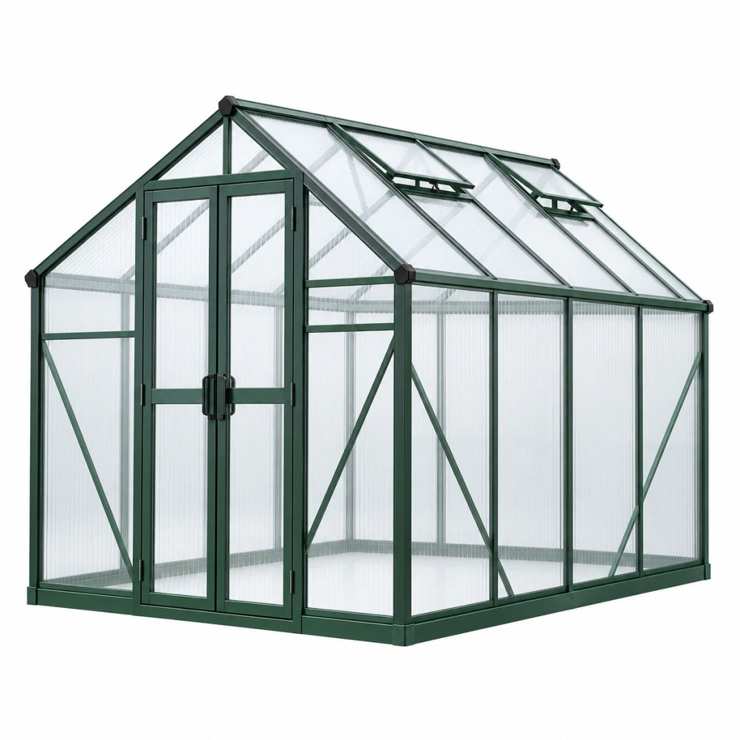 Invernadero de jardín 190 x 190 x 195 cm de aluminio verde oscuro y policarbonato - techo inclinado con ventilación