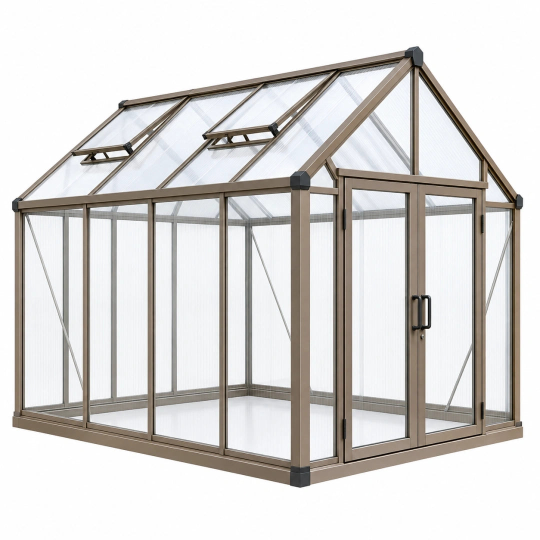 Invernadero 240 x 190 x 200 cm de aluminio marrón con paneles de policarbonato y ventilación