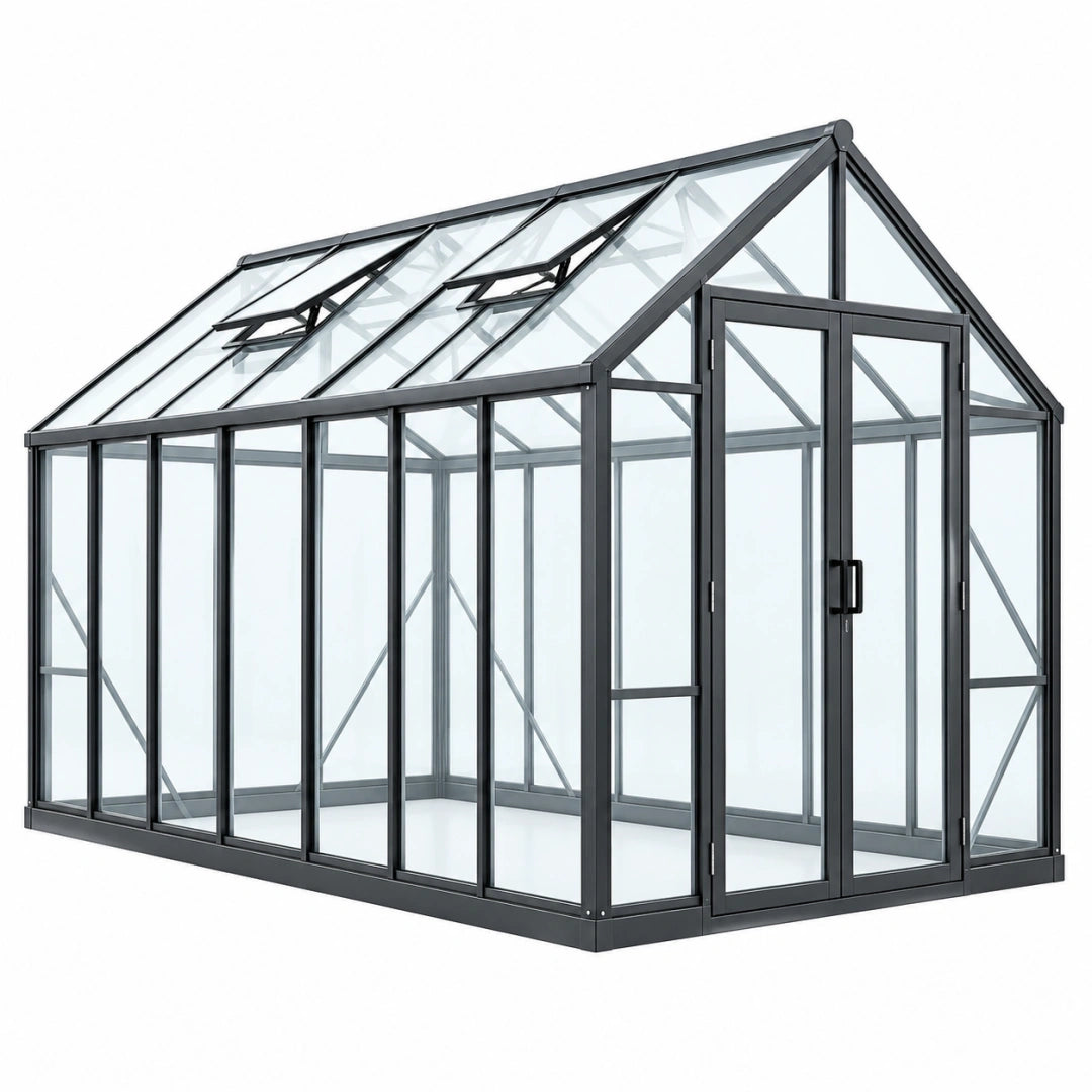 Invernadero 310 x 190 x 200 cm de aluminio negro con paneles transparentes y ventilación