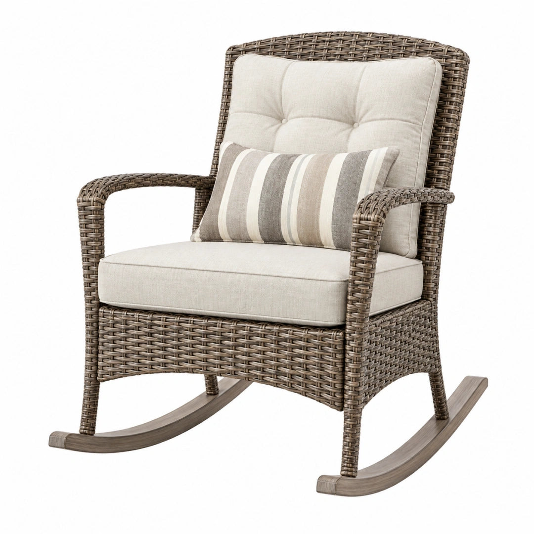 Silla mecedora 75 x 90 x 105 cm de mimbre marrón con cojines beige para interior