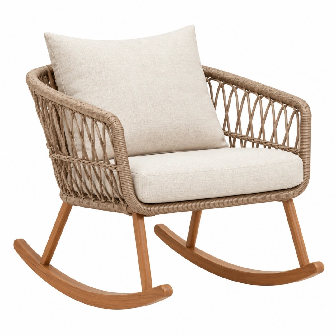 Mecedora 75 x 90 x 95 cm de fibras trenzadas beige con patas de madera estilo natural