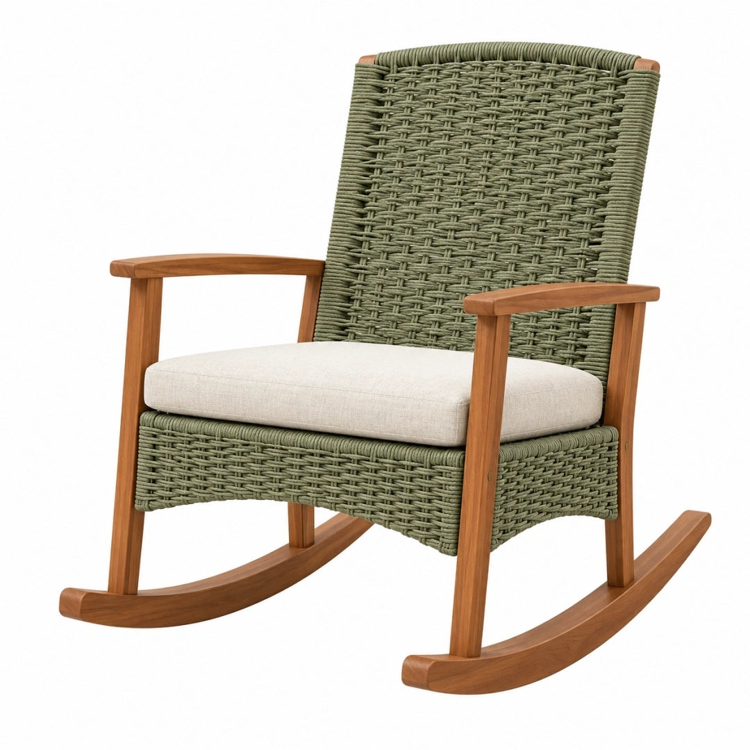 Silla mecedora 90 x 70 x 100 cm de madera y cuerda verde con asiento acolchado