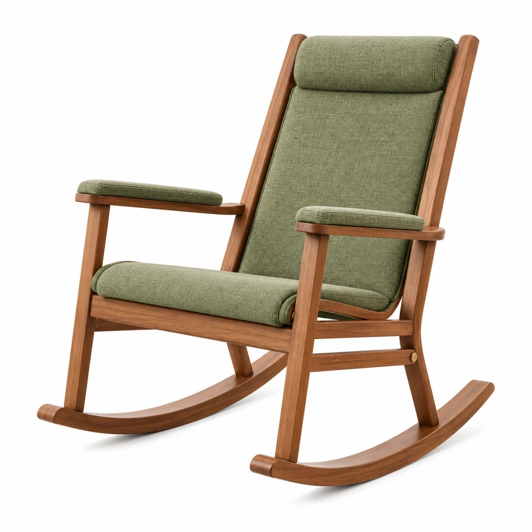 Mecedora 98 x 65 x 104 cm de madera y tela verde con respaldo alto
