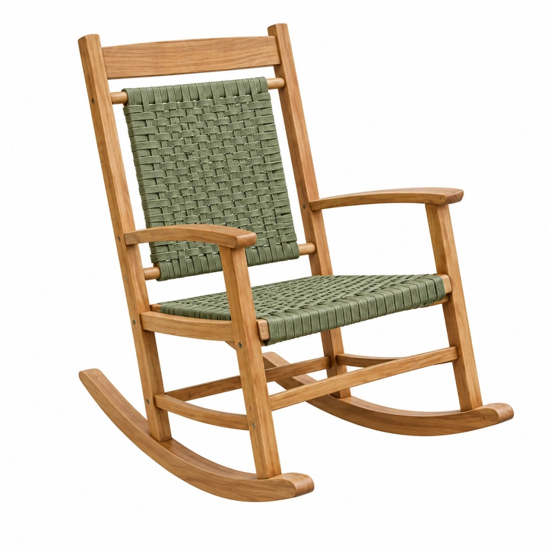 Mecedora 60x90x105 cm de madera natural y cuerda verde con reposabrazos