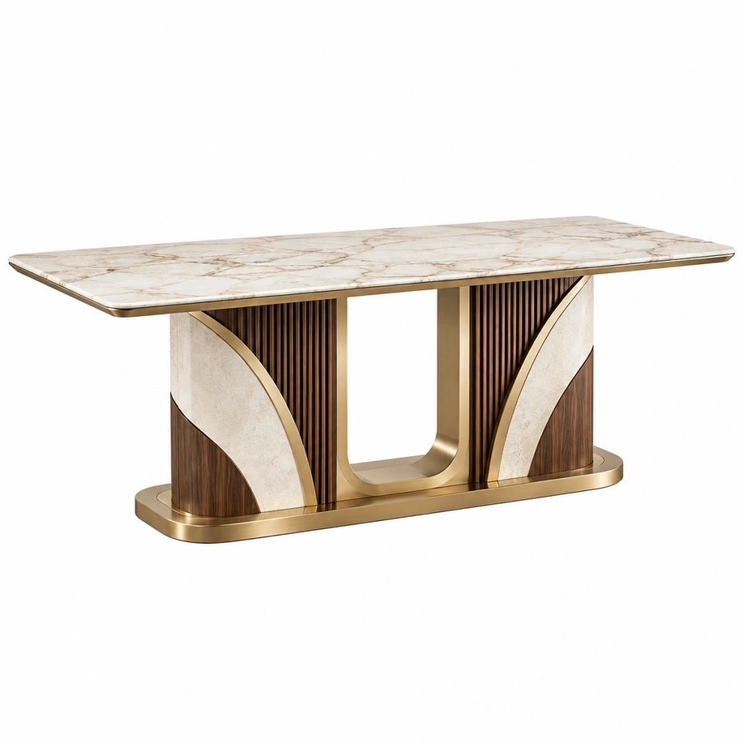 Mesa de comedor 180 x 90 x 75 cm con tablero efecto mármol beige y base de madera y metal dorado estilo contemporáneo