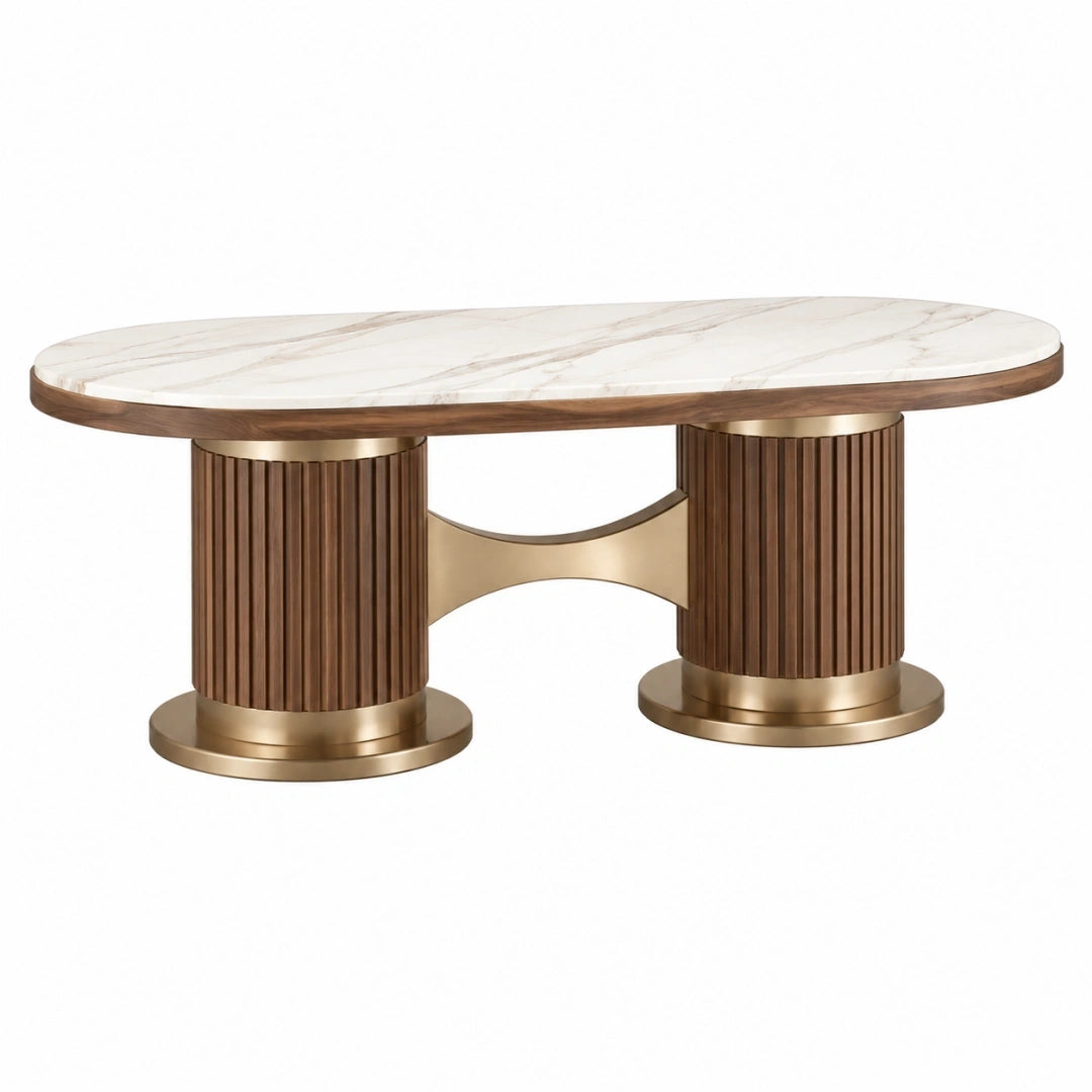 Mesa de comedor ovalada 180 x 100 x 76 cm de madera y metal dorado con tablero efecto mármol - estilo contemporáneo