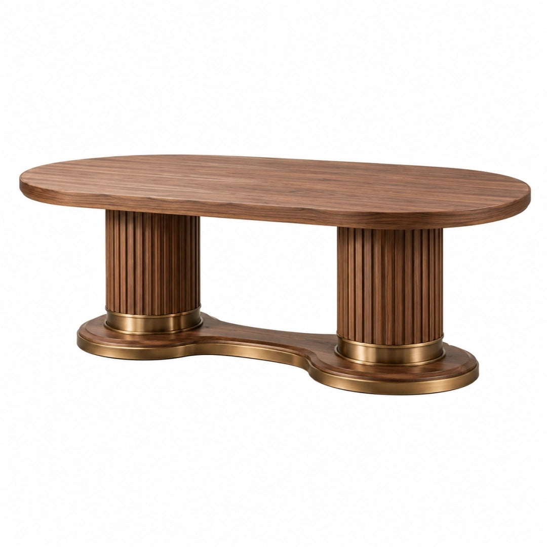 Mesa de comedor ovalada 180 x 90 cm de madera marrón con base metálica dorada estilo contemporáneo