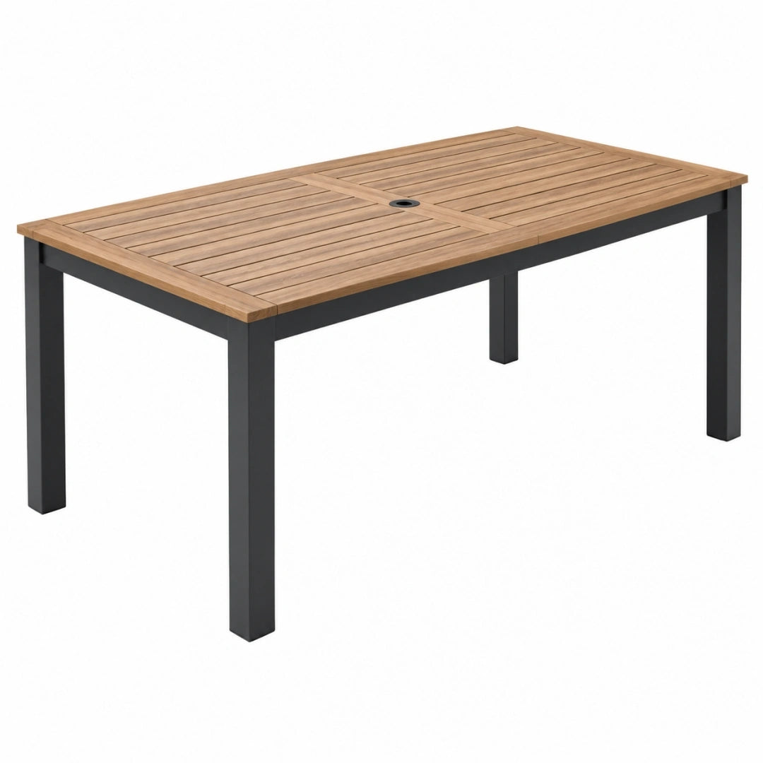 Mesa de jardín 180 x 90 x 75 cm de madera y metal marrón negro con orificio para sombrilla