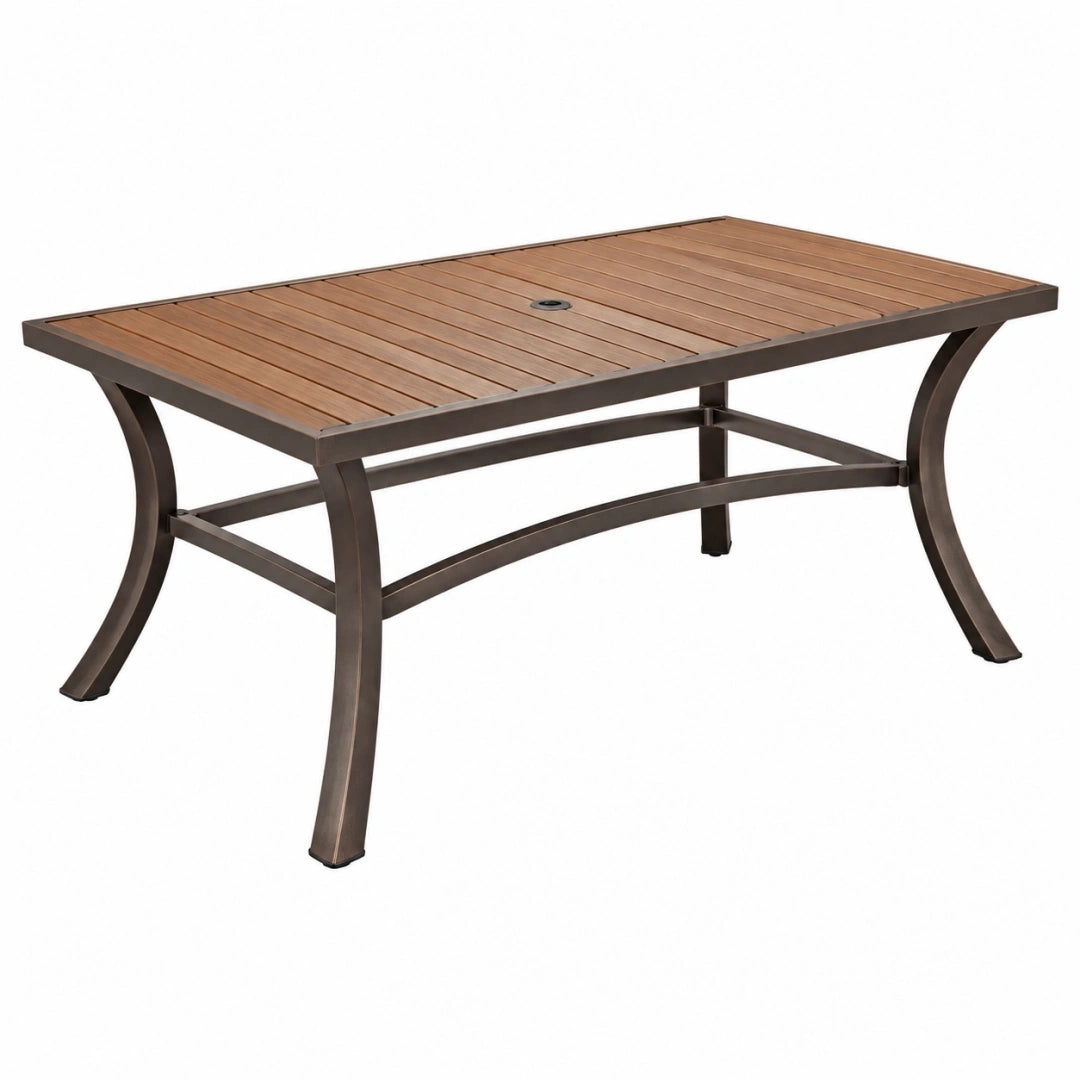 Mesa de exterior 150 x 90 x 74 cm de madera y metal marrón - rectangular con orificio para sombrilla