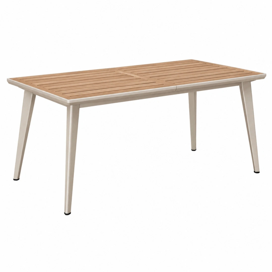 Mesa de jardín 180 x 90 x 75 cm con tablero de lamas efecto madera y estructura de aluminio blanco