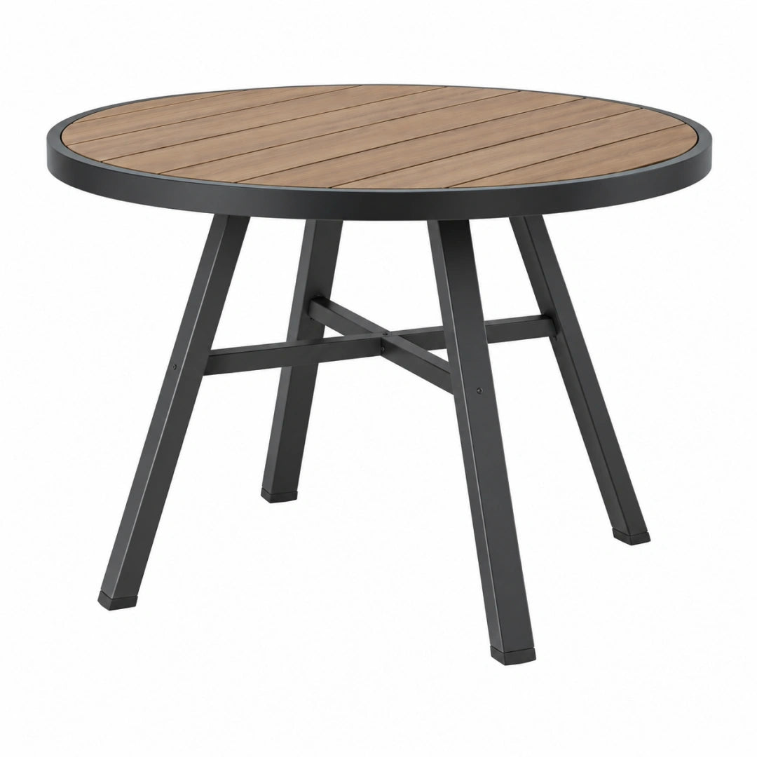 Mesa de exterior redonda 100 cm de madera y metal negro estilo industrial