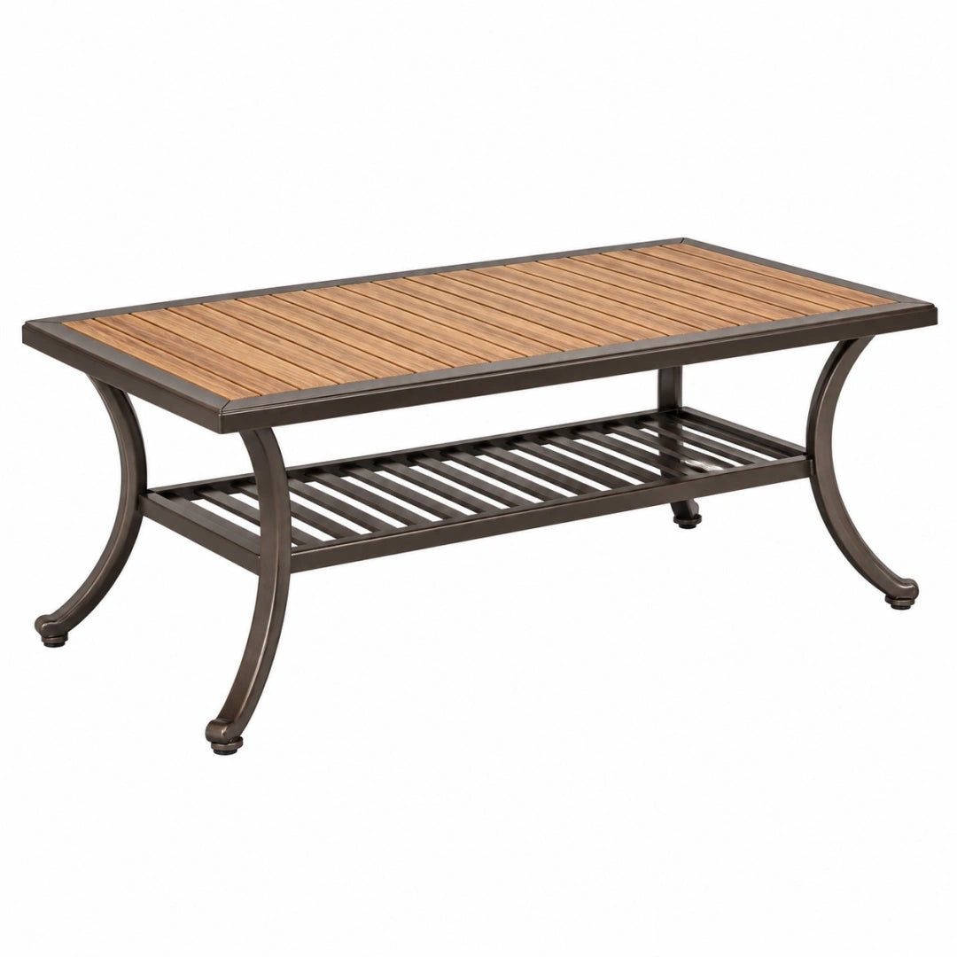 Mesa de centro para exterior 120 x 60 x 45 cm de madera y metal marrón con estante estilo clásico