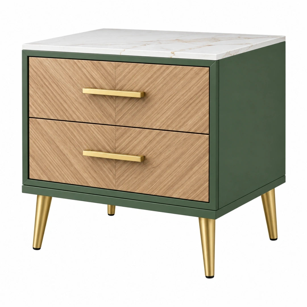 Mesita de noche 60 x 45 x 65 cm de madera verde con dos cajones y cubierta efecto mármol
