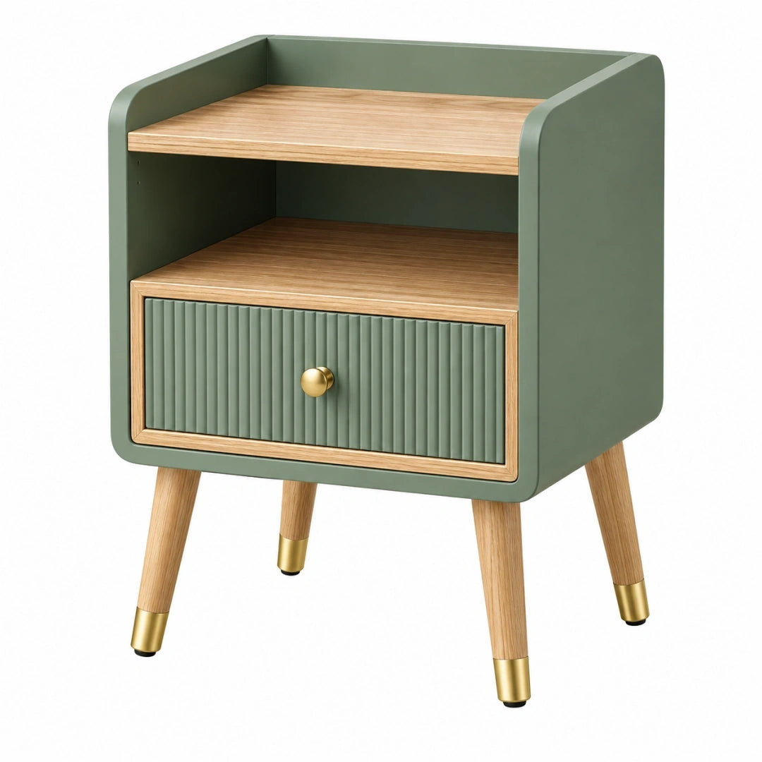 Mesita de noche 45 x 40 x 60 cm de madera verde con cajón y estante estilo nórdico