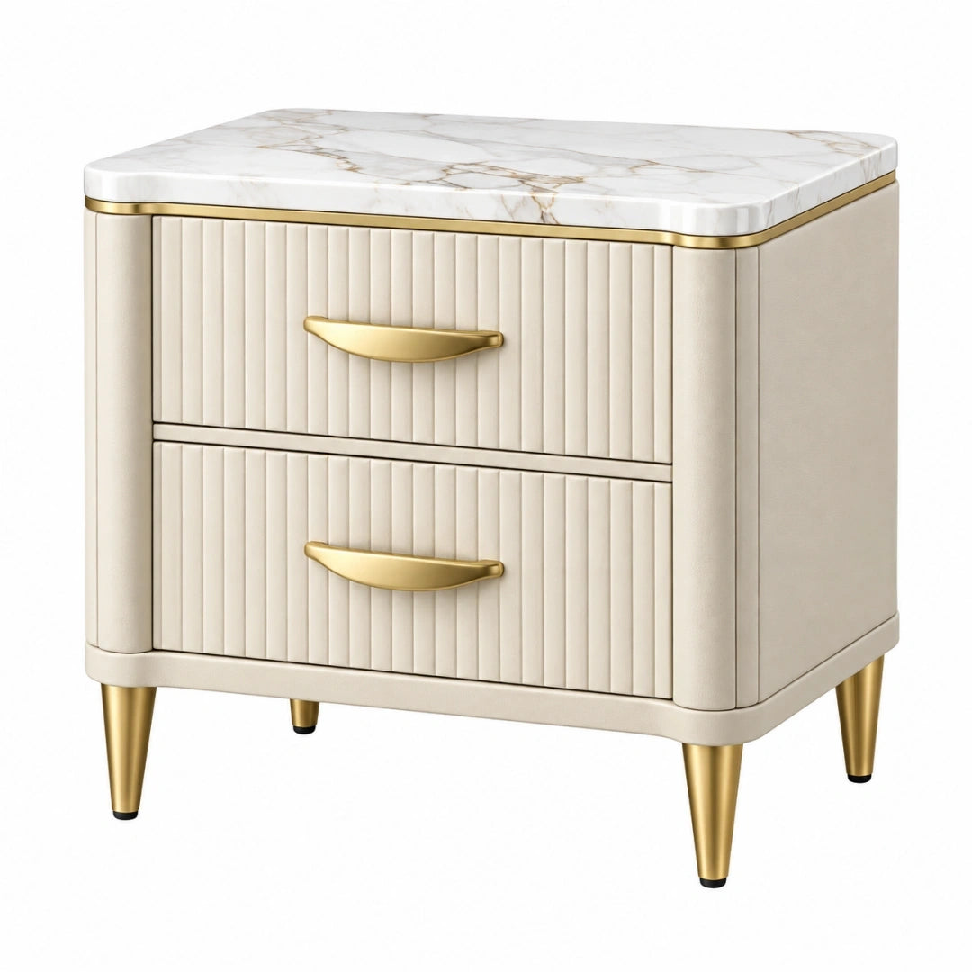Mesita de noche 60 x 45 x 60 cm blanca de madera con encimera efecto mármol estilo moderno con 2 cajones