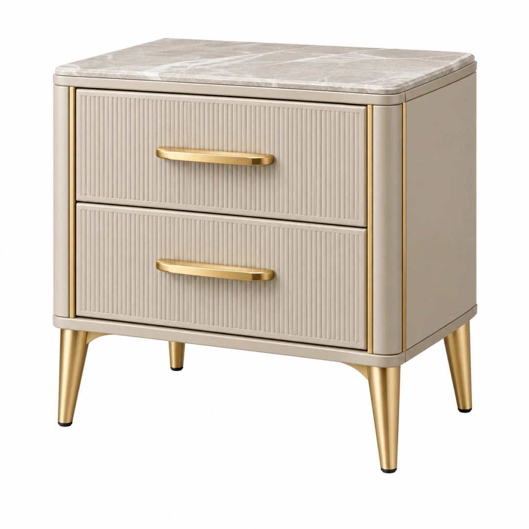 Mesita de noche 55 x 40 x 60 cm de madera beige y dorado con 2 cajones estilo moderno