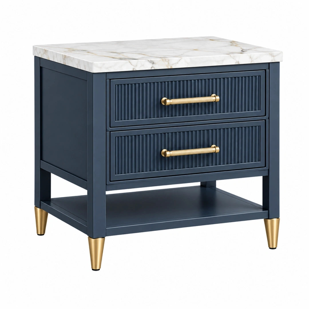 Mesita de noche 60 x 45 x 65 cm azul marino de madera con encimera efecto mármol estilo moderno