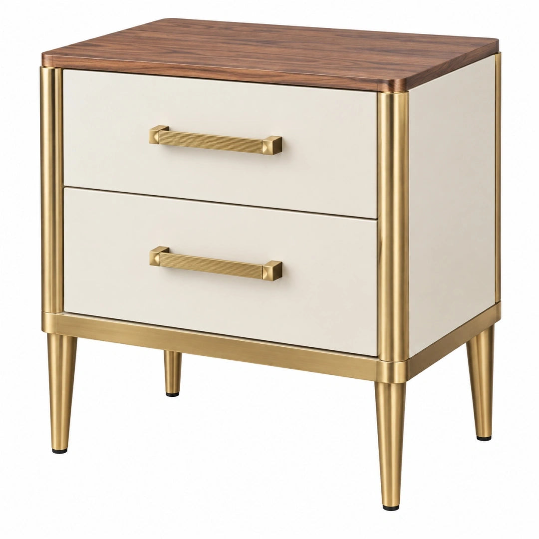 Mesita de noche 55 x 45 x 60 cm de madera y metal blanco y nogal con 2 cajones estilo moderno