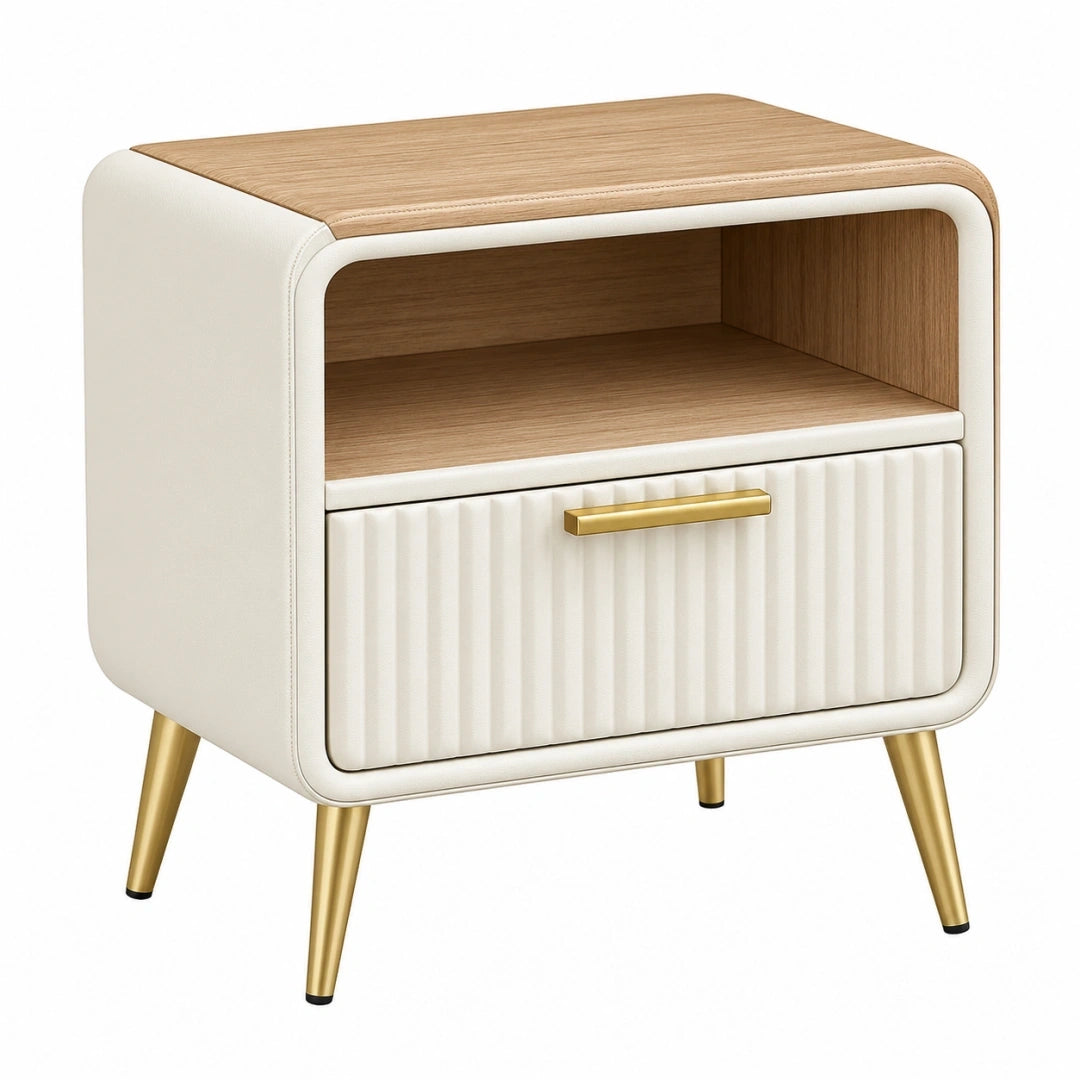 Mesita de noche 50 x 40 x 60 cm de madera y revestimiento sintético beige con cajón estilo moderno