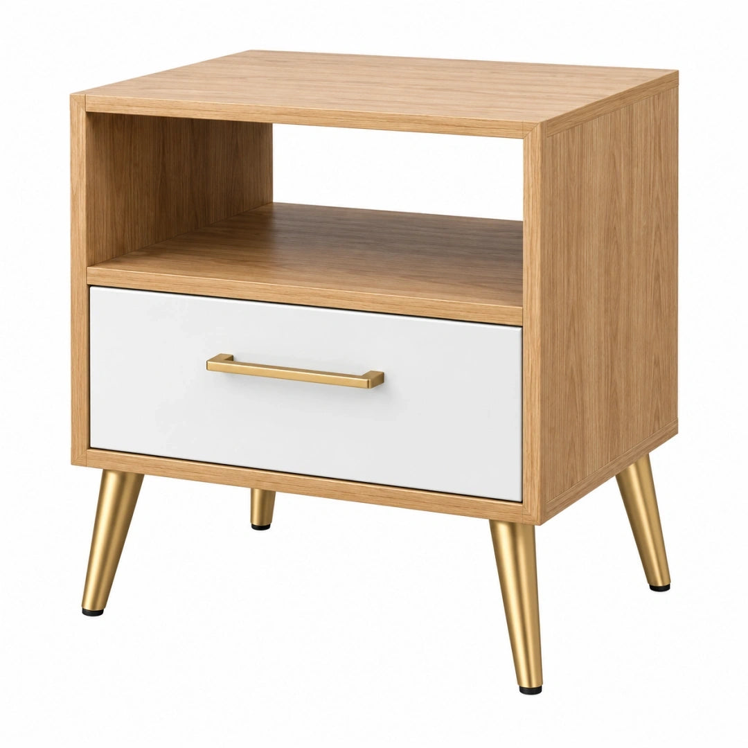 Mesita de noche 45 x 40 x 60 cm de madera beige y blanco con cajón estilo moderno