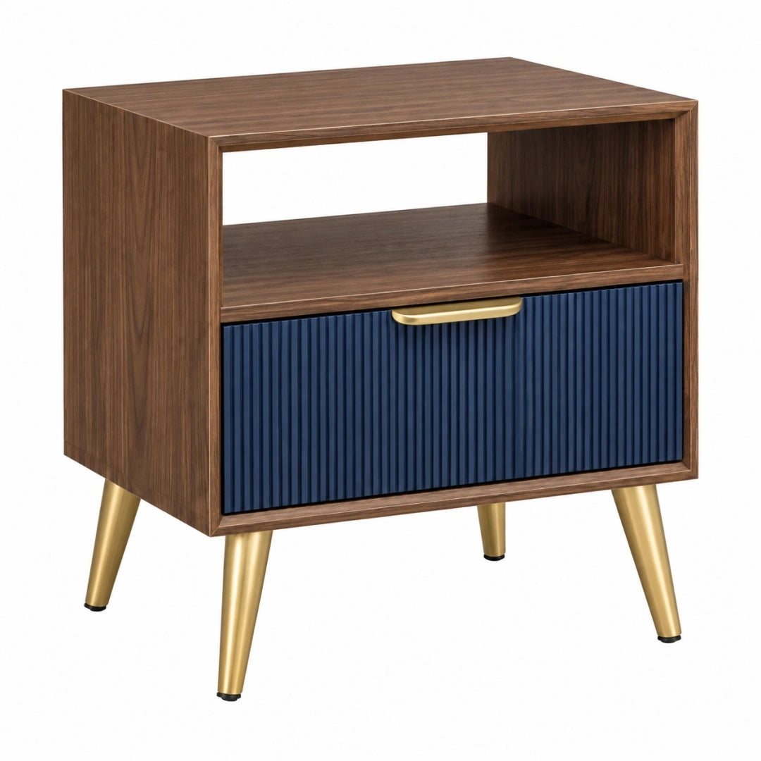 Mesita de noche 50 x 40 x 65 cm de madera marrón y azul con cajón estilo moderno