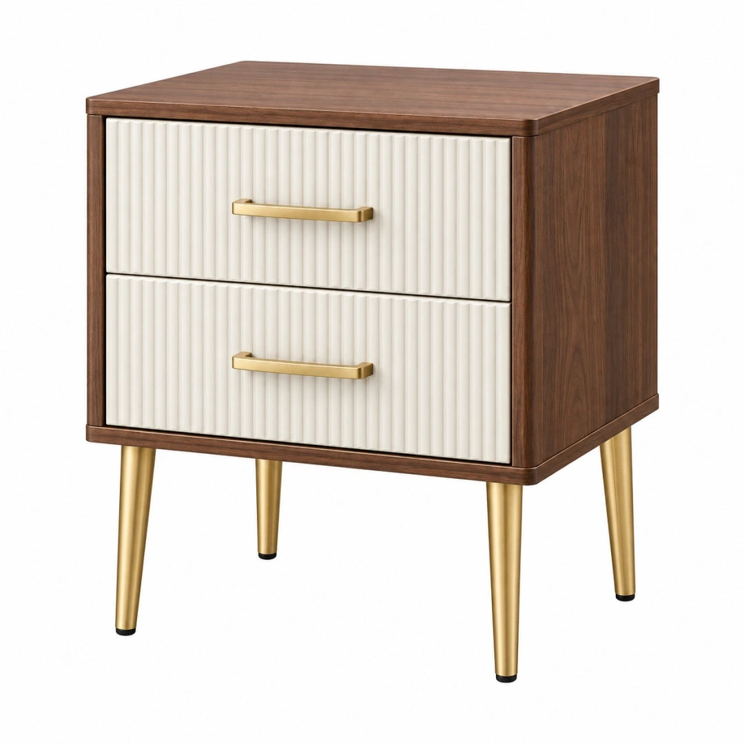 Mesita de noche 50 x 40 x 60 cm de madera nogal blanco y dorado con 2 cajones estilo moderno